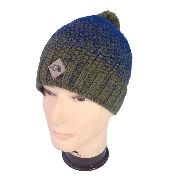 The North Face Cable Knit Beanie Blue/green Pompom Winter Ski Hat - Picture 1 of 8
